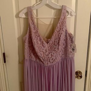 Lavender David’s Bridal floor length dress.